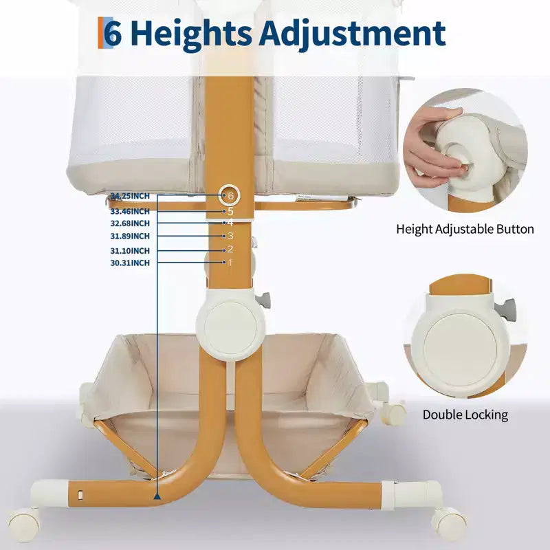 Berceau cododo 3-en-1 avec inclinaison anti-reflux, lit portable avec 6 hauteurs réglables, roulettes, filet et panier de rangement pour nouveau-né