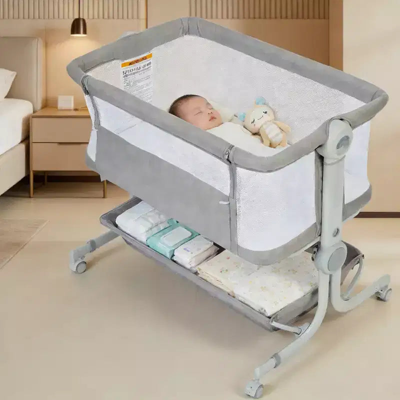 Berceau cododo 3-en-1 avec inclinaison anti-reflux, lit portable avec 6 hauteurs réglables, roulettes, filet et panier de rangement pour nouveau-né
