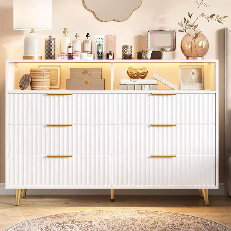 GustoWave Modern 47.2 Wide 6 Drawers Dresser for Bedroom with LED Lights and Charging Station, White