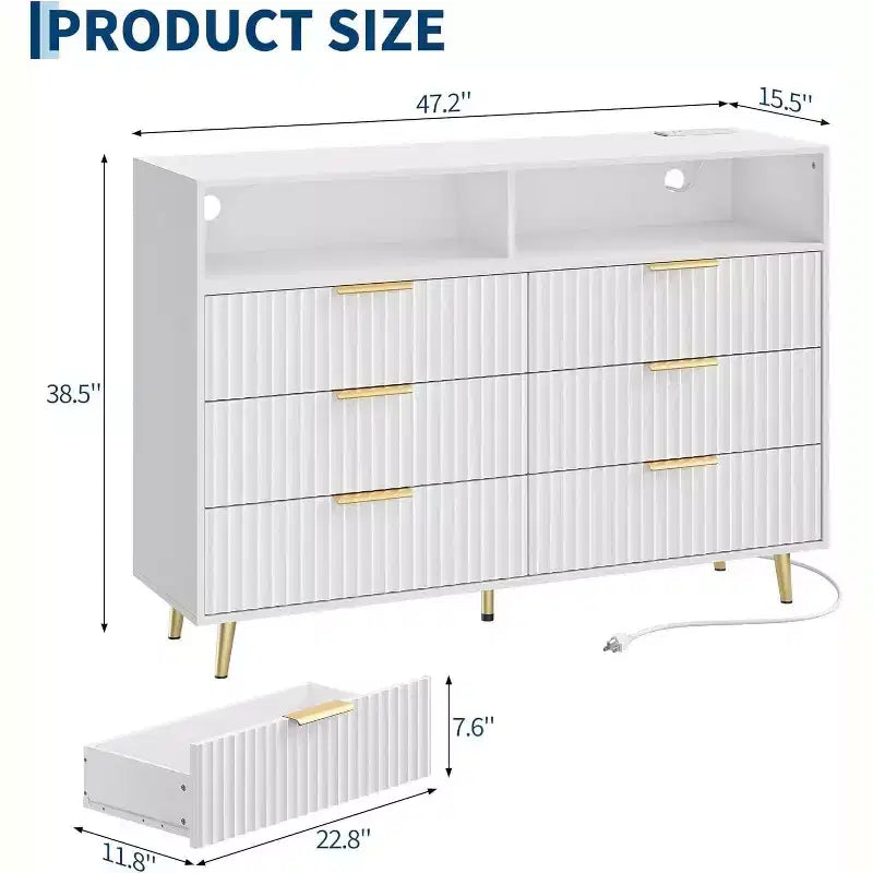 Commode moderne GustoWave de 120 cm de large à 6 tiroirs pour chambre à coucher avec lumières LED et station de recharge, blanc