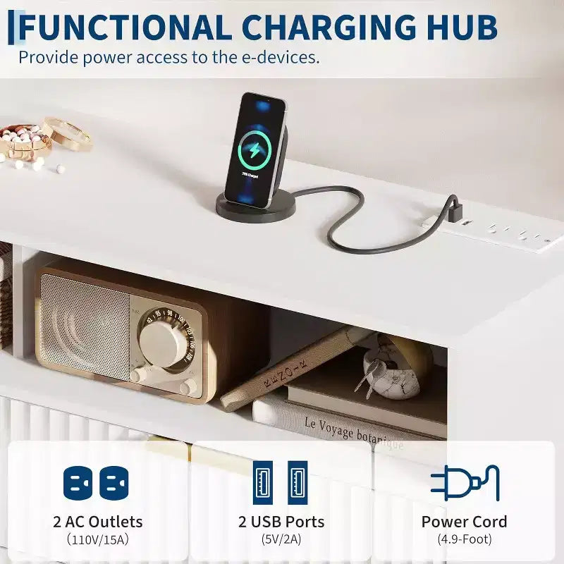 Commode moderne GustoWave de 120 cm de large à 6 tiroirs pour chambre à coucher avec lumières LED et station de recharge, blanc