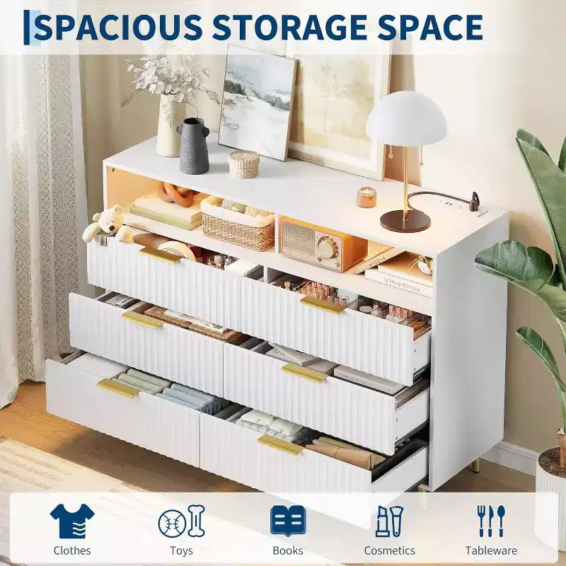 Commode moderne GustoWave de 120 cm de large à 6 tiroirs pour chambre à coucher avec lumières LED et station de recharge, blanc