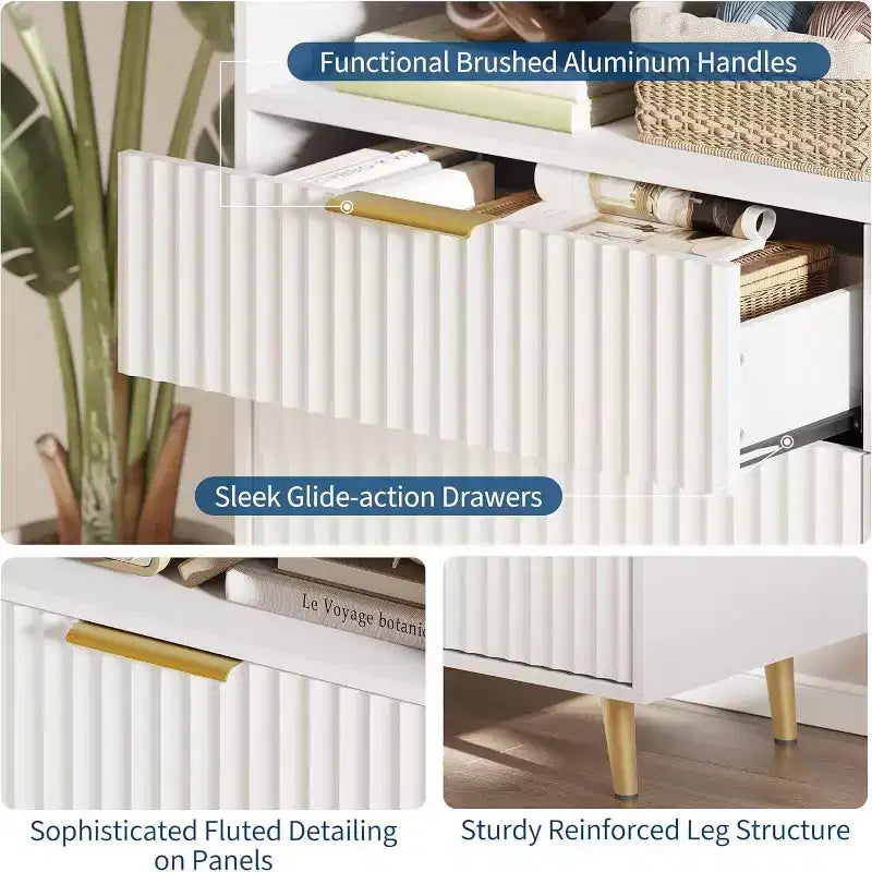 Commode moderne GustoWave de 120 cm de large à 6 tiroirs pour chambre à coucher avec lumières LED et station de recharge, blanc