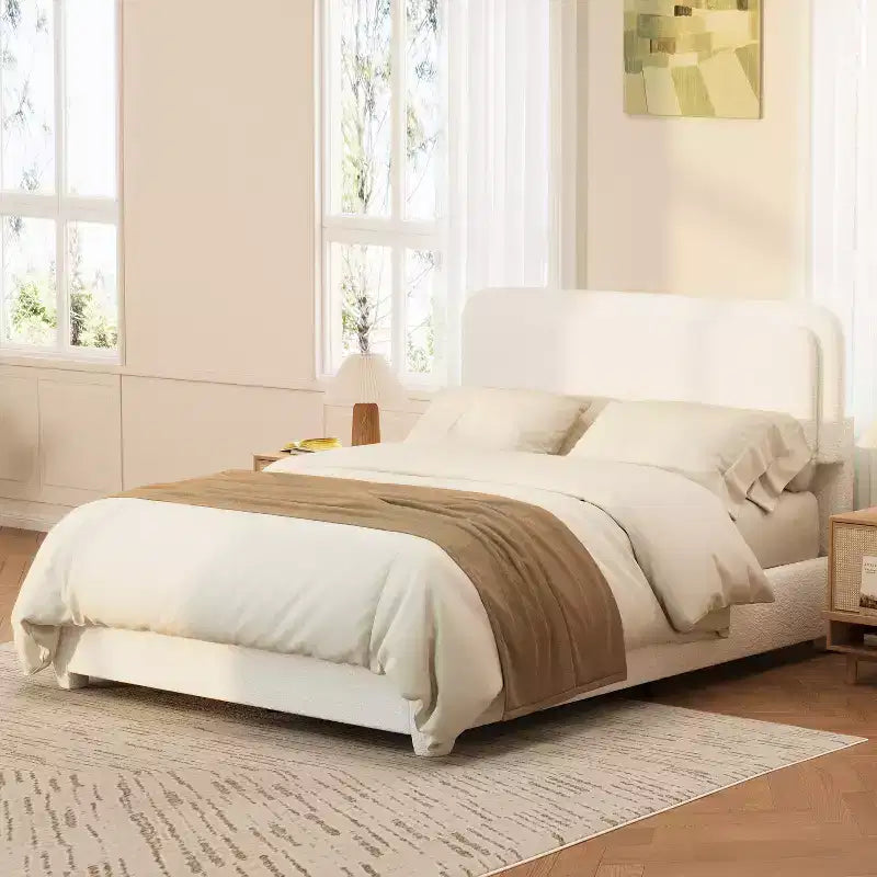 Full/Queen Upholstered Platform Bed Frame with Adjustable Height Headboard, Boucle Low Profile Bed, White - ModernLuxe