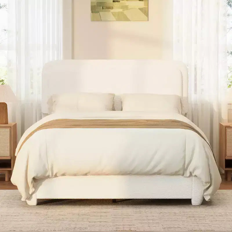 Cadre de lit plateforme rembourré grand lit/queen avec tête de lit à hauteur réglable, lit bas en boucle, blanc - ModernLuxe
