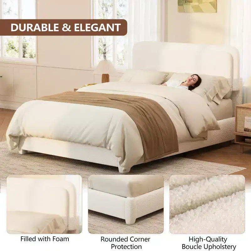 Cadre de lit plateforme rembourré grand lit/queen avec tête de lit à hauteur réglable, lit bas en boucle, blanc - ModernLuxe