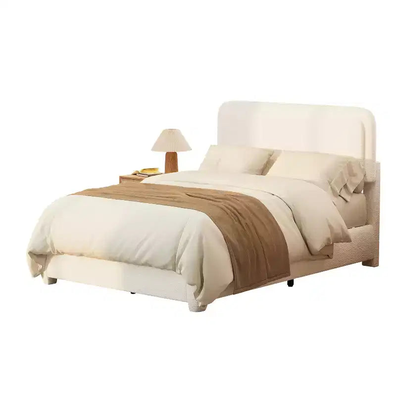 Cadre de lit plateforme rembourré grand lit/queen avec tête de lit à hauteur réglable, lit bas en boucle, blanc - ModernLuxe