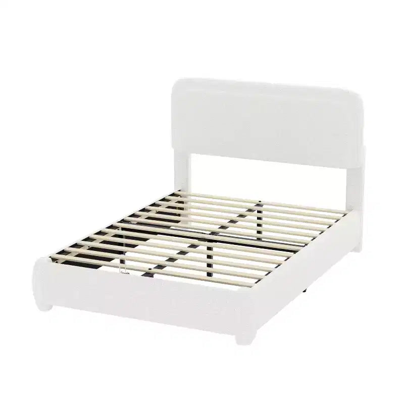 Cadre de lit plateforme rembourré grand lit/queen avec tête de lit à hauteur réglable, lit bas en boucle, blanc - ModernLuxe