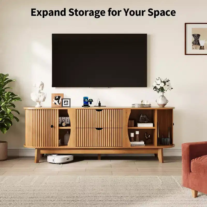 Meuble TV avec rangements, 2 portes et 2 tiroirs, console média pour TV jusqu'à 70 pouces