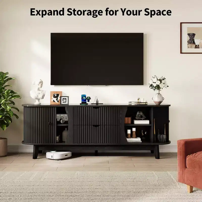 Meuble TV avec rangements, 2 portes et 2 tiroirs, console média pour TV jusqu'à 70 pouces