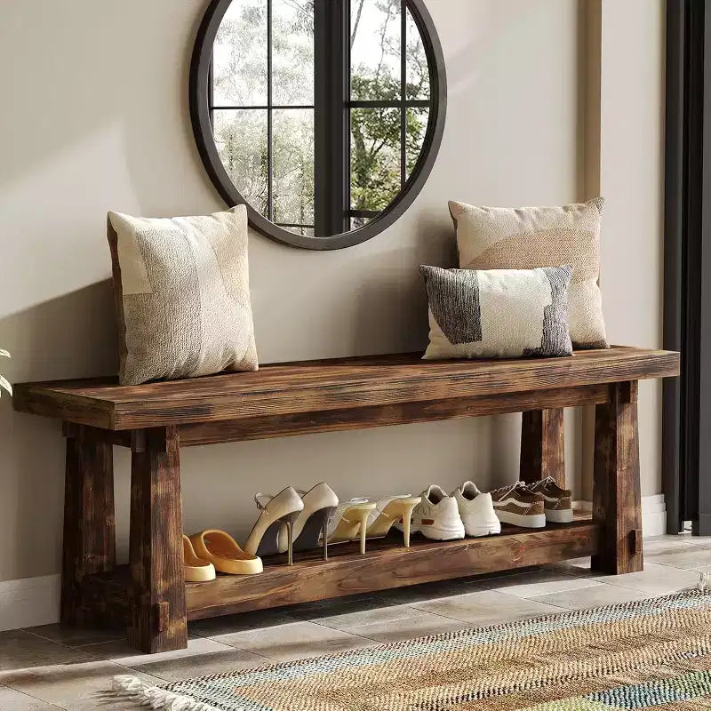 Lantine 55 Solid Wood Entryway Bench with Shoe Storage, Rustic Charred Wood Grain Foyer Bench with Open Shelf for Hallway, Bedroom, Easy Assembly