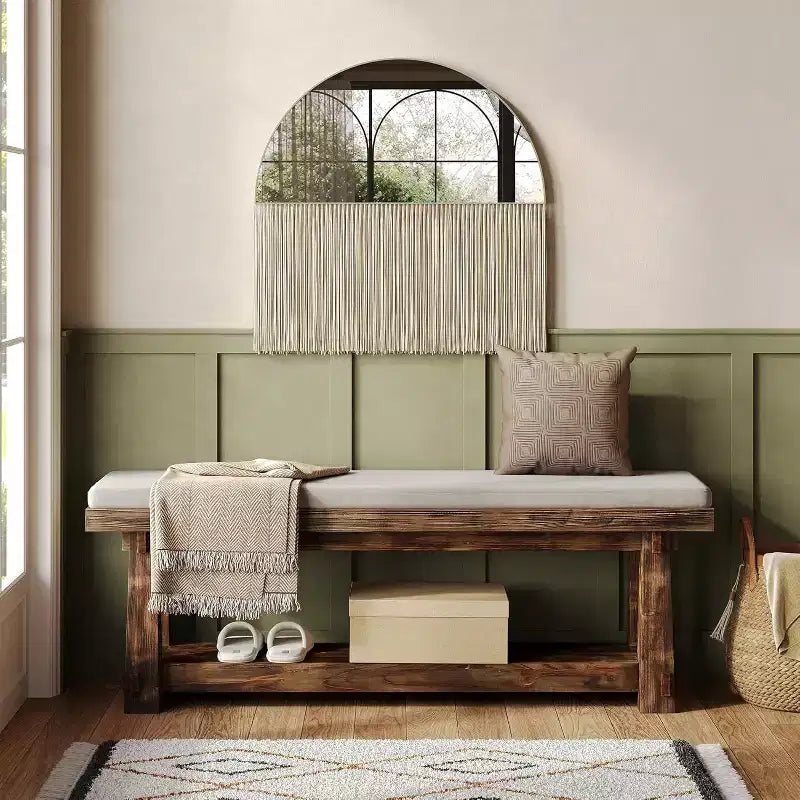 Banc d'entrée Lantine 55 en bois massif avec rangement à chaussures, banc de foyer rustique en bois brûlé avec étagère ouverte pour couloir, chambre, montage facile