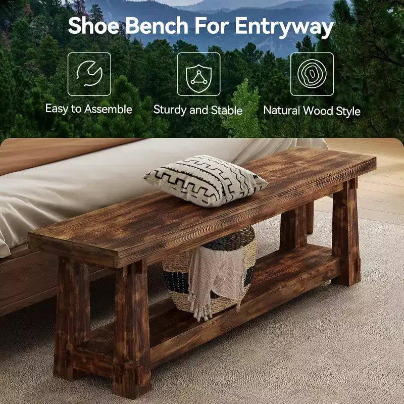 Banc d'entrée Lantine 55 en bois massif avec rangement à chaussures, banc de foyer rustique en bois brûlé avec étagère ouverte pour couloir, chambre, montage facile