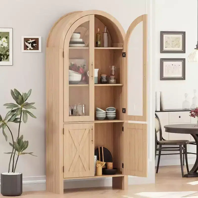 Vitrine Arched de 152 cm avec Portes Vitrées et Étagères Réglables, Meuble de Rangement Moderne en Bois pour Cuisine, Salle de Bain, Entrée et Salle à Manger