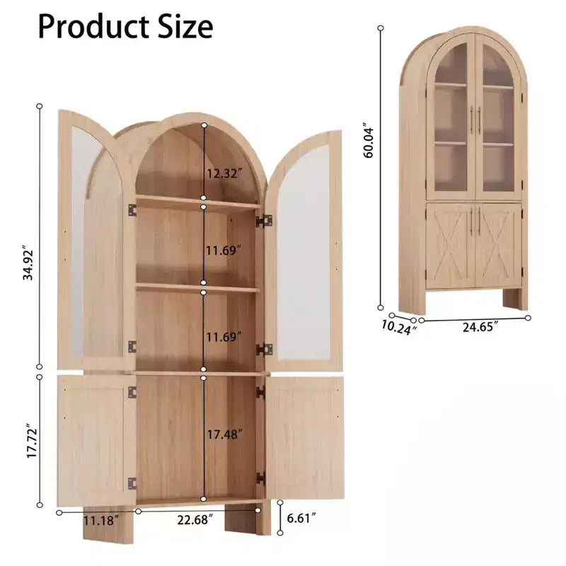 Vitrine Arched de 152 cm avec Portes Vitrées et Étagères Réglables, Meuble de Rangement Moderne en Bois pour Cuisine, Salle de Bain, Entrée et Salle à Manger