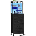 Qwatto Bedside Table with Charging Station and USB Port 4 Drawer Tall Nightstand with Shelves for Bedroom Dorm Wood Metal End Table Black Finish