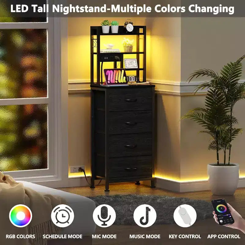 Table de chevet Qwatto avec station de charge et port USB, table de nuit haute à 4 tiroirs avec étagères pour chambre et dortoir, table d'appoint en bois et métal, finition noire