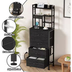 Table de chevet Qwatto avec station de charge et port USB, table de nuit haute à 4 tiroirs avec étagères pour chambre et dortoir, table d'appoint en bois et métal, finition noire