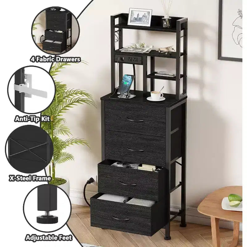 Table de chevet Qwatto avec station de charge et port USB, table de nuit haute à 4 tiroirs avec étagères pour chambre et dortoir, table d'appoint en bois et métal, finition noire