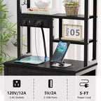 Table de chevet Qwatto avec station de charge et port USB, table de nuit haute à 4 tiroirs avec étagères pour chambre et dortoir, table d'appoint en bois et métal, finition noire