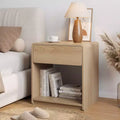 Zeus & Ruta Mid-Century Modern Nightstand Set of 2 with Drawer & Open Shelf, Rounded Edge Bedside Tables, Oak