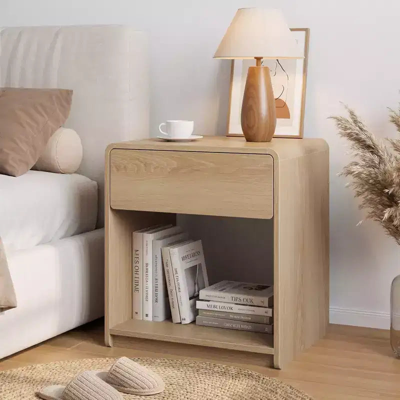 Zeus & Ruta Mid-Century Modern Nightstand Set of 2 with Drawer & Open Shelf, Rounded Edge Bedside Tables, Oak