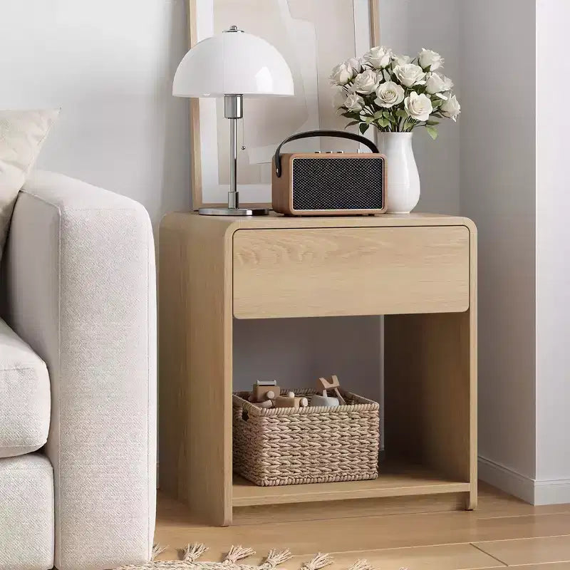 Zeus & Ruta – Lot de 2 tables de chevet de style moderne du milieu du siècle avec tiroir et étagère ouverte, tables de chevet à bords arrondis, chêne