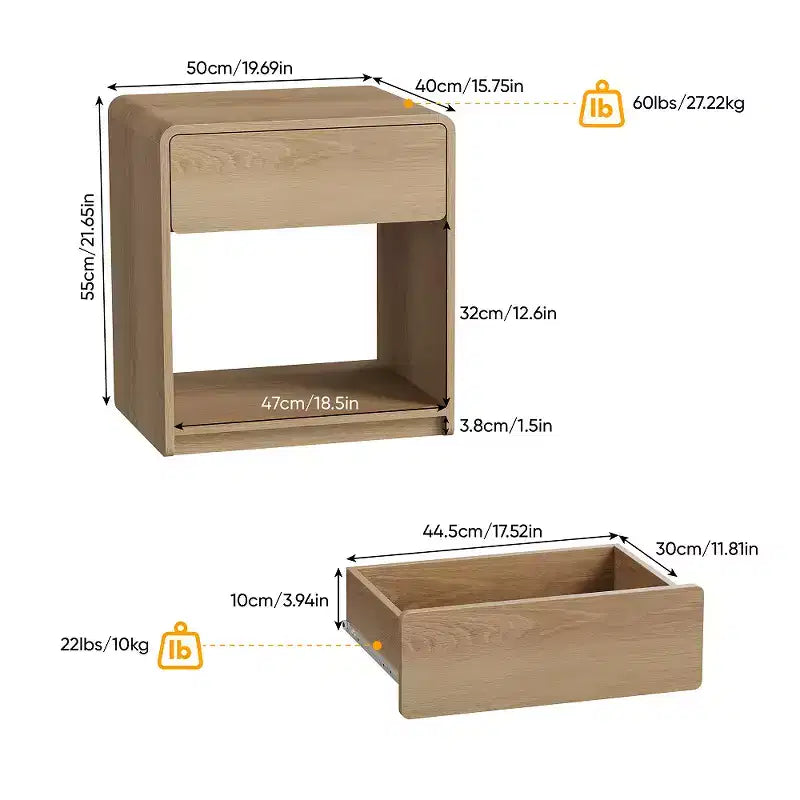 Zeus & Ruta – Lot de 2 tables de chevet de style moderne du milieu du siècle avec tiroir et étagère ouverte, tables de chevet à bords arrondis, chêne