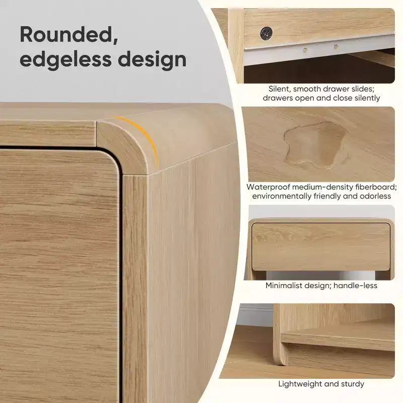 Zeus & Ruta – Lot de 2 tables de chevet de style moderne du milieu du siècle avec tiroir et étagère ouverte, tables de chevet à bords arrondis, chêne