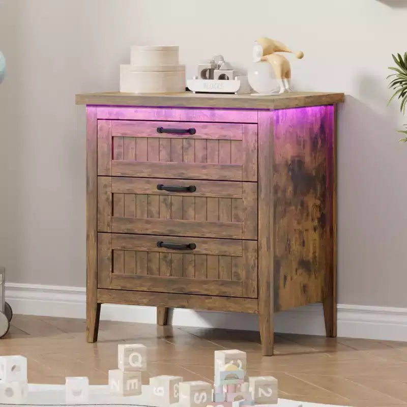 Table de chevet commode à 3 tiroirs avec station de charge et lumières, commode en bois moderne, meuble de rangement pour chambre et placard