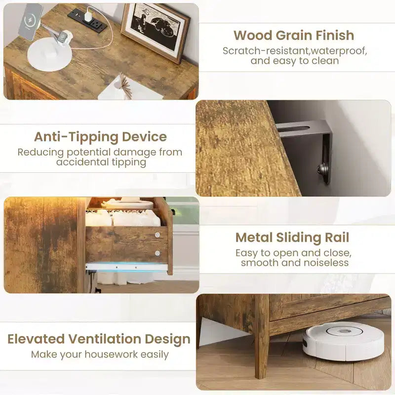 Table de chevet commode à 3 tiroirs avec station de charge et lumières, commode en bois moderne, meuble de rangement pour chambre et placard