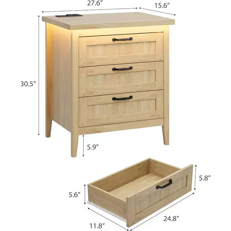 Table de chevet commode à 3 tiroirs avec station de charge et lumières, commode en bois moderne, meuble de rangement pour chambre et placard