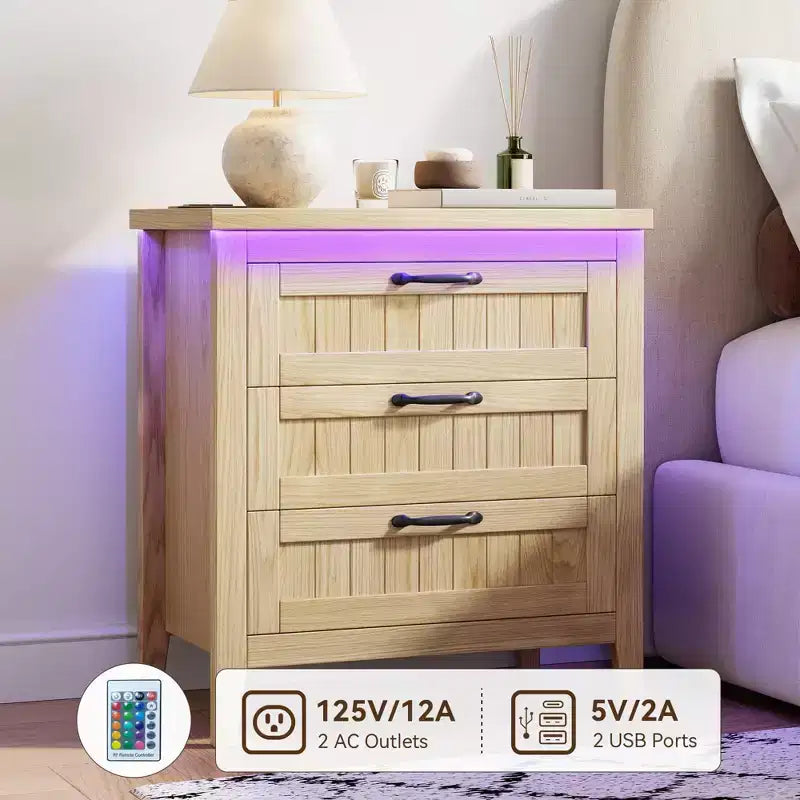 Table de chevet commode à 3 tiroirs avec station de charge et lumières, commode en bois moderne, meuble de rangement pour chambre et placard