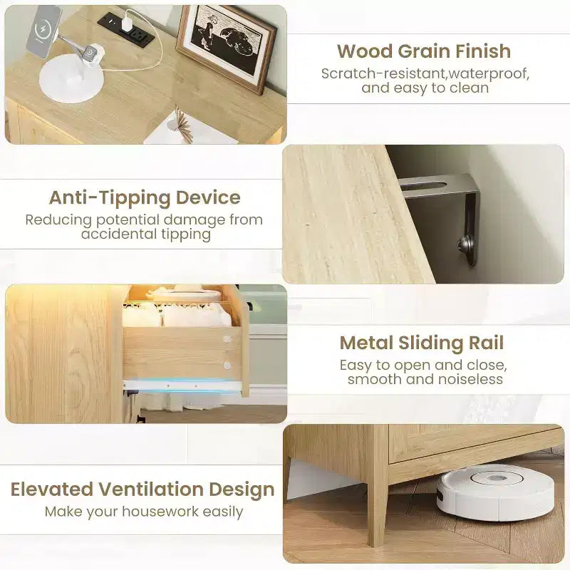 Table de chevet commode à 3 tiroirs avec station de charge et lumières, commode en bois moderne, meuble de rangement pour chambre et placard