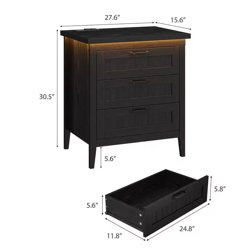 Table de chevet commode à 3 tiroirs avec station de charge et lumières, commode en bois moderne, meuble de rangement pour chambre et placard