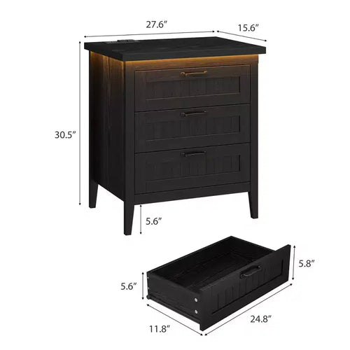Table de chevet commode à 3 tiroirs avec station de charge et lumières, commode en bois moderne, meuble de rangement pour chambre et placard