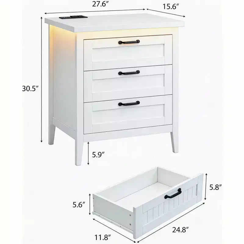Table de chevet commode à 3 tiroirs avec station de charge et lumières, commode en bois moderne, meuble de rangement pour chambre et placard