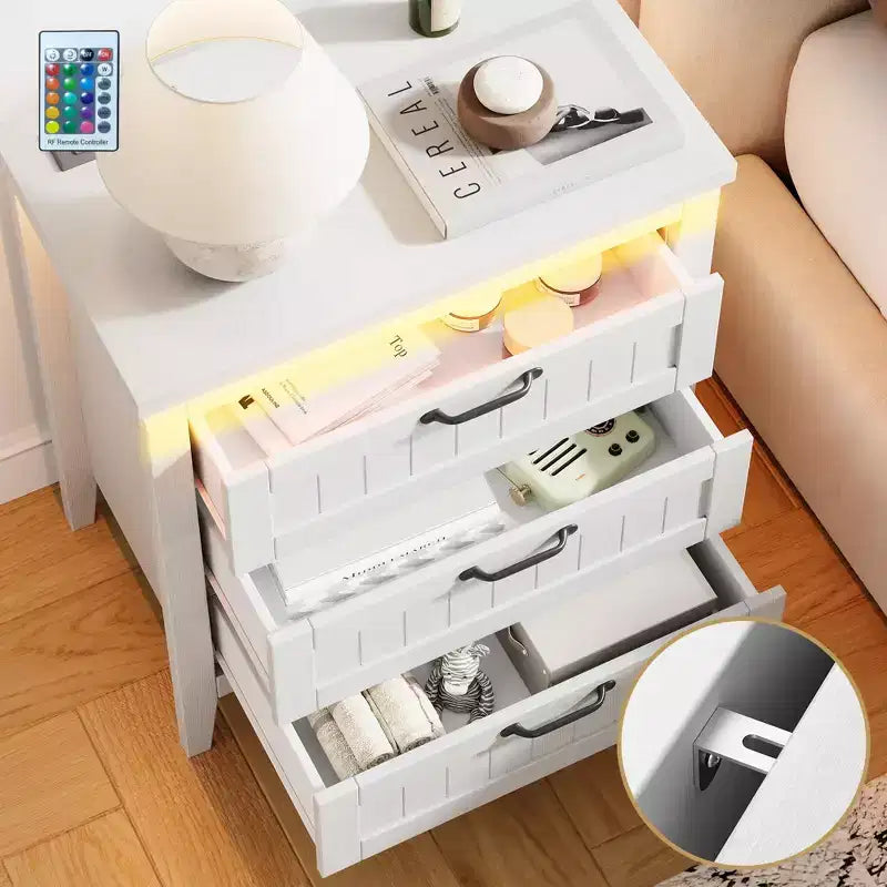 Table de chevet commode à 3 tiroirs avec station de charge et lumières, commode en bois moderne, meuble de rangement pour chambre et placard