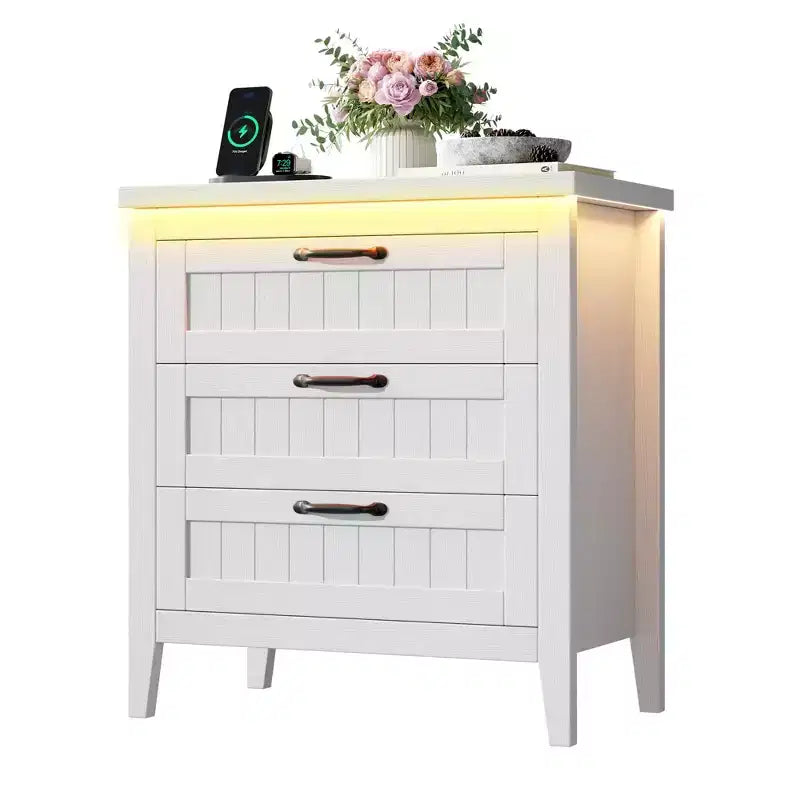 Table de chevet commode à 3 tiroirs avec station de charge et lumières, commode en bois moderne, meuble de rangement pour chambre et placard