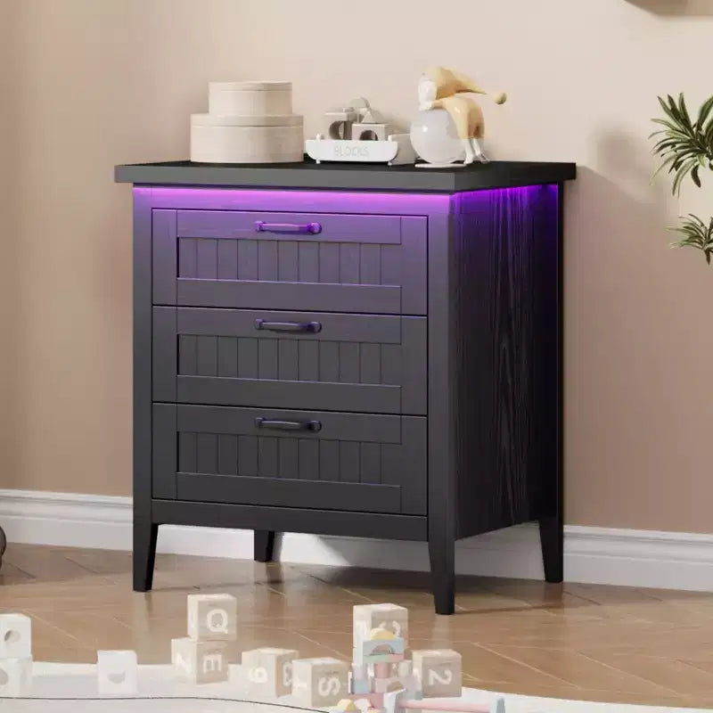 Table de chevet commode à 3 tiroirs avec station de charge et lumières, commode en bois moderne, meuble de rangement pour chambre et placard