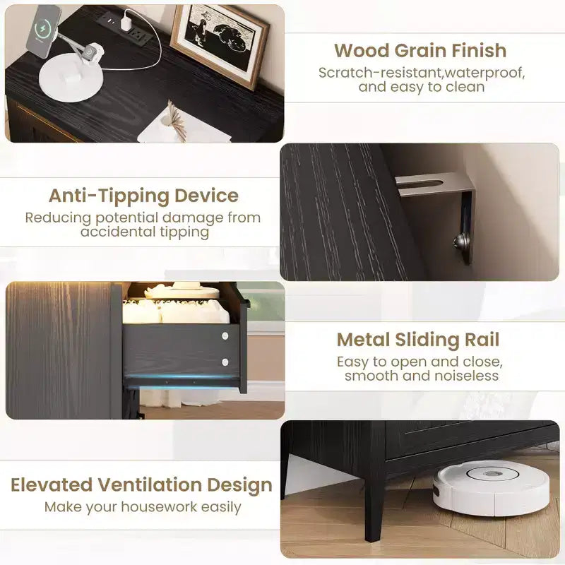 Table de chevet commode à 3 tiroirs avec station de charge et lumières, commode en bois moderne, meuble de rangement pour chambre et placard
