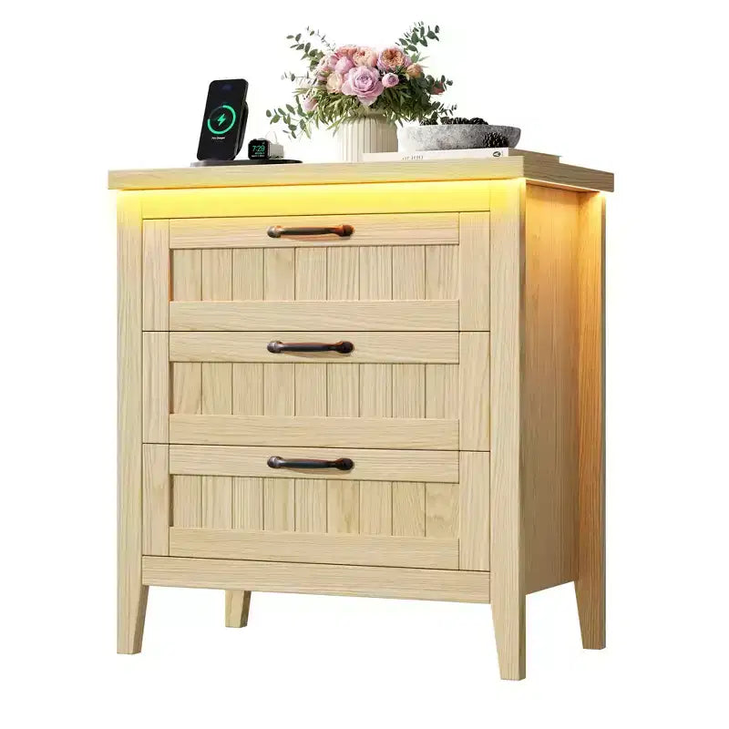 Table de chevet commode à 3 tiroirs avec station de charge et lumières, commode en bois moderne, meuble de rangement pour chambre et placard