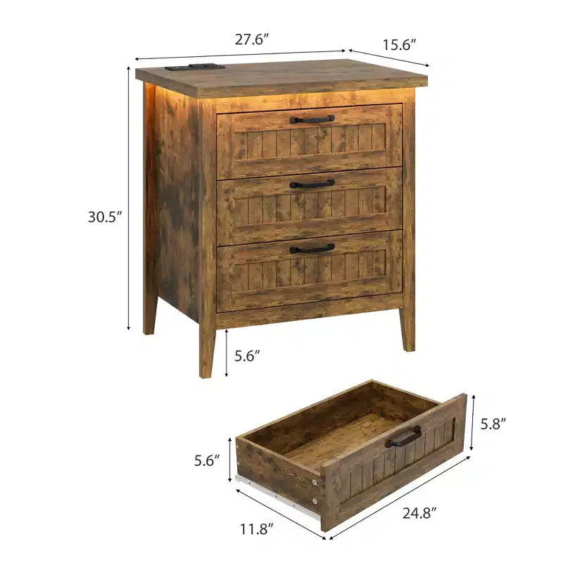 Table de chevet commode à 3 tiroirs avec station de charge et lumières, commode en bois moderne, meuble de rangement pour chambre et placard