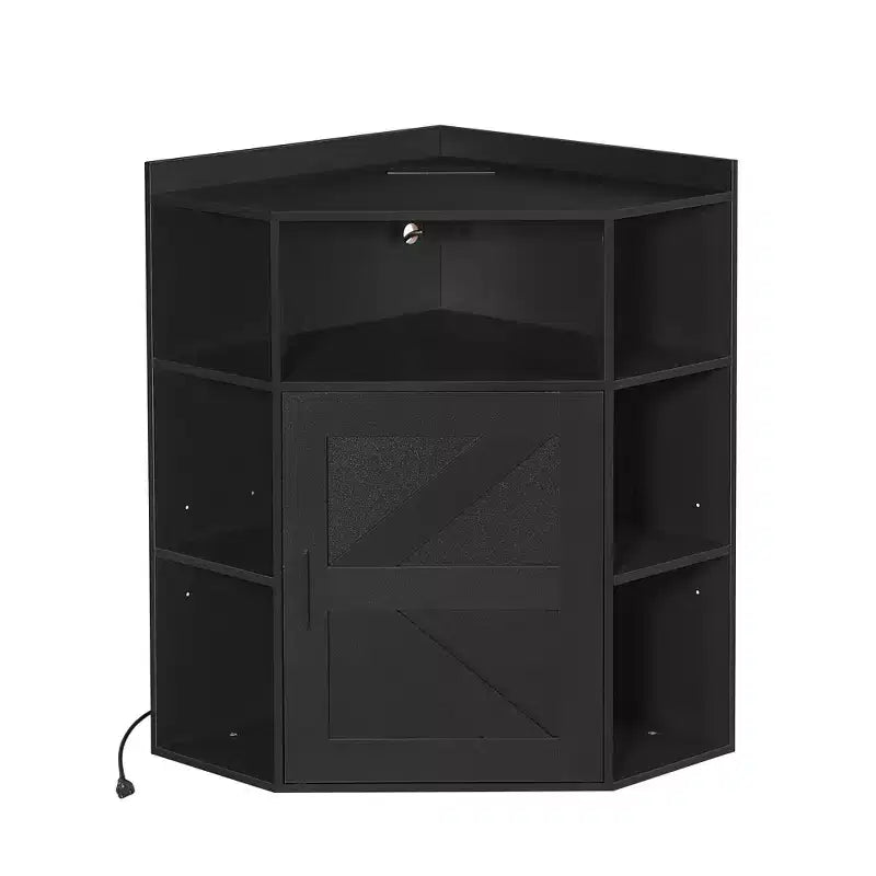 Meuble d'angle de rangement VECELO avec station de charge USB, étagère d'angle robuste avec porte de grange, bibliothèque d'angle peu encombrante pour salon