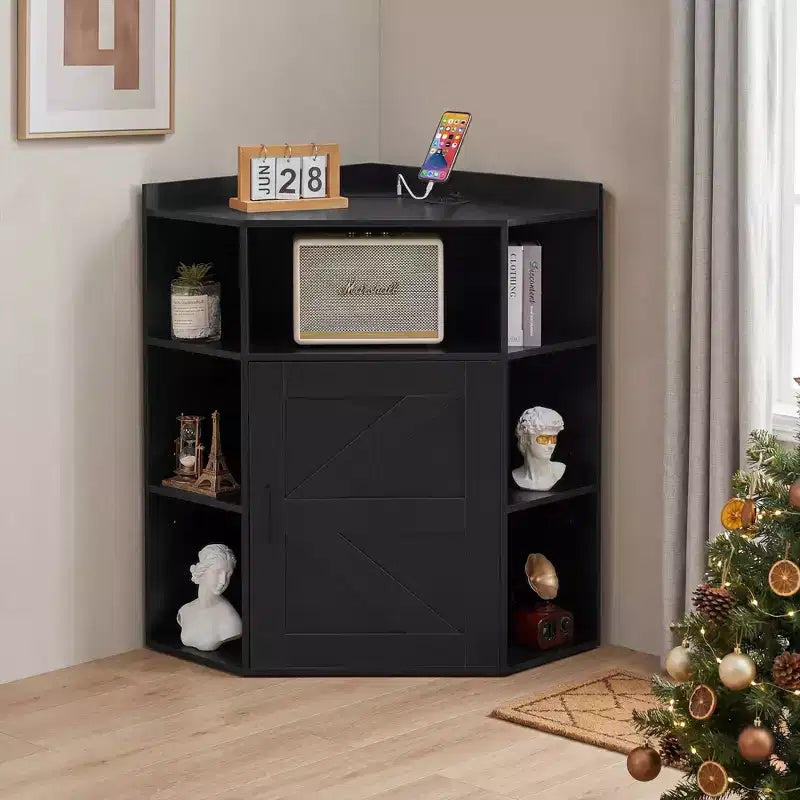 VECELO Corner Storage Cabinet with USB Charging Station, Sturdy Barn Door Corner Shelf, Space Saving Corner Bookshelf for Living Room