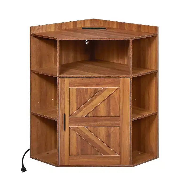 Meuble d'angle de rangement VECELO avec station de charge USB, étagère d'angle robuste avec porte de grange, bibliothèque d'angle peu encombrante pour salon