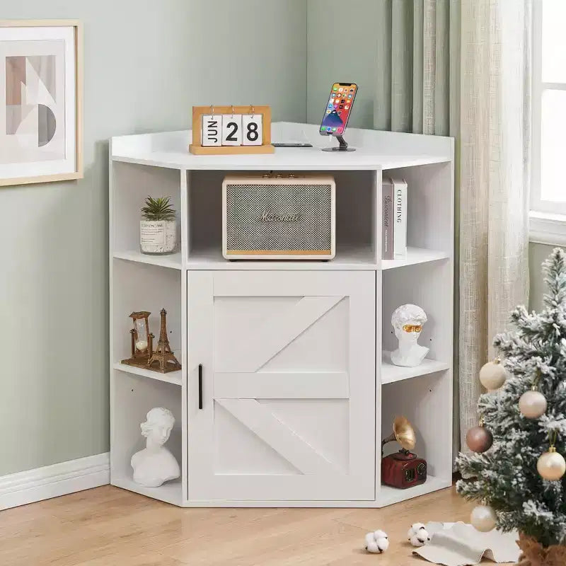 Meuble d'angle de rangement VECELO avec station de charge USB, étagère d'angle robuste avec porte de grange, bibliothèque d'angle peu encombrante pour salon