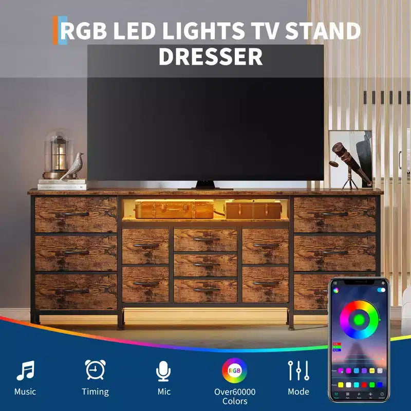 Meuble TV Moderne de 180 cm pour TV 65/75/80 Pouces, Meuble TV Spacieux avec 13 Tiroirs en Tissu et Étagères Ouvertes, Console Média en Bois pour Salon