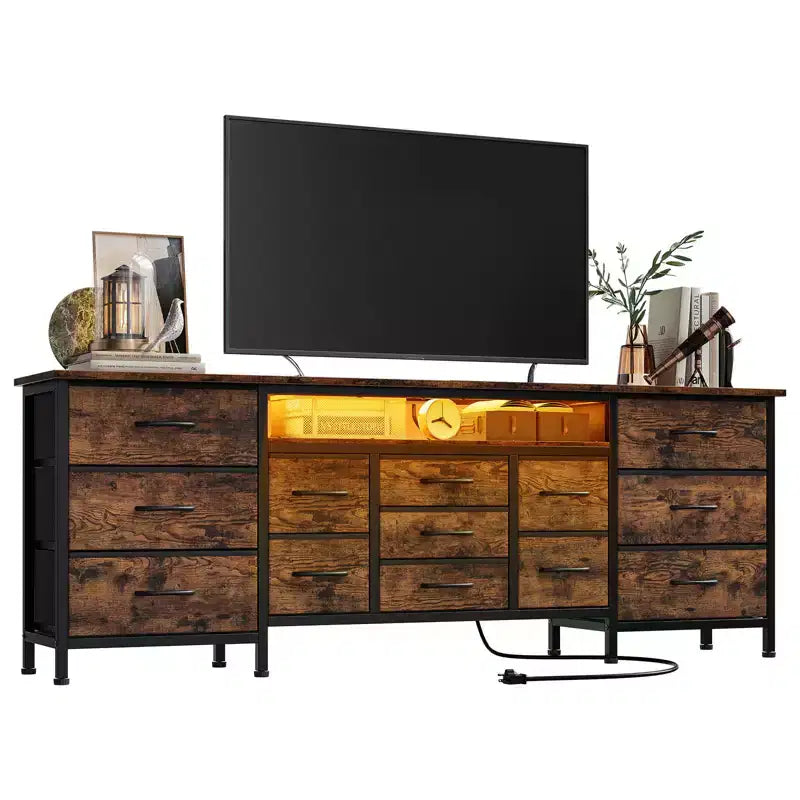 Meuble TV Moderne de 180 cm pour TV 65/75/80 Pouces, Meuble TV Spacieux avec 13 Tiroirs en Tissu et Étagères Ouvertes, Console Média en Bois pour Salon