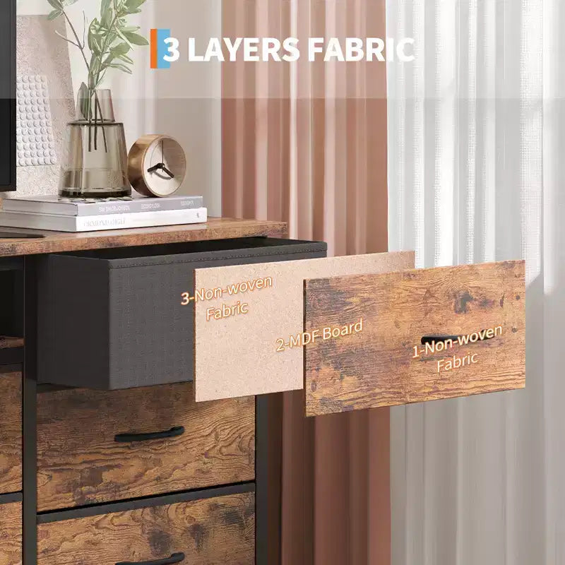 Meuble TV Moderne de 180 cm pour TV 65/75/80 Pouces, Meuble TV Spacieux avec 13 Tiroirs en Tissu et Étagères Ouvertes, Console Média en Bois pour Salon